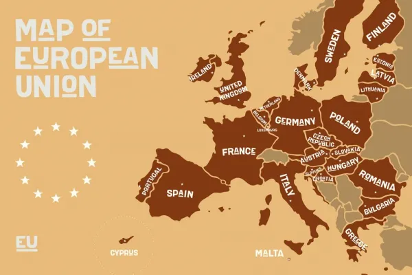 Obraz náučná mapa s názvami krajín európskej únie v odtieňoch hnedej