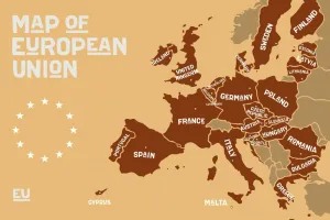 Obraz náučná mapa s názvami krajín európskej únie v odtieňoch hnedej