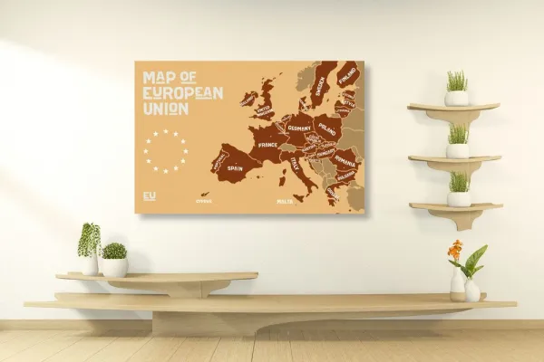 Obraz náučná mapa s názvami krajín európskej únie v odtieňoch hnedej