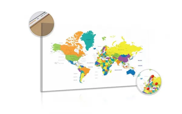 Obraz na korku farebná mapa sveta na bielom pozadí