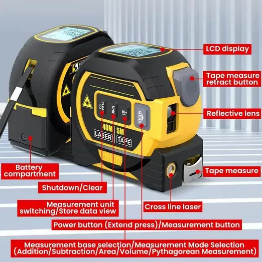 AMOEBA Kompaktný laserový digitálny meter, Zvinovacie 5M pásmo 2v1 s laserovým meračom vzdialenosti do 60 Metrov