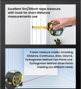 AMOEBA Kompaktný laserový digitálny meter, Zvinovacie 5M pásmo 2v1 s laserovým meračom vzdialenosti do 60 Metrov