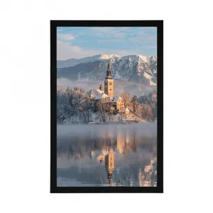 Plagát kostol pri jazere Bled v Slovinsku