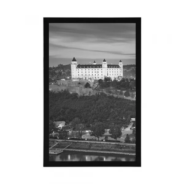 Plagát pohľad na Bratislavský hrad v čiernobielom prevedení