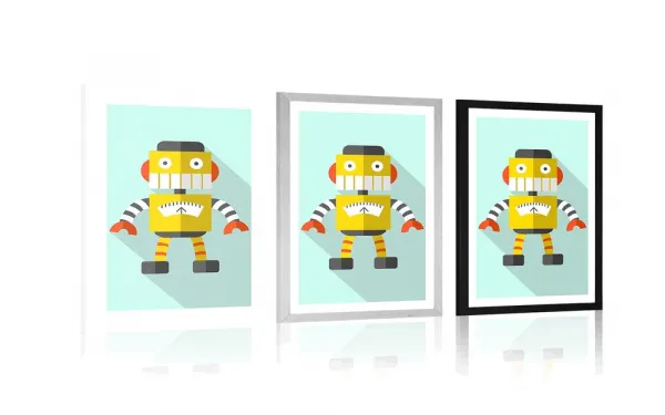 Plagát s paspartou žltý robot na modrom pozadí