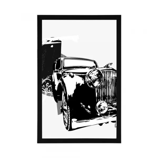 Plagát čiernobiele retro auto s abstrakciou