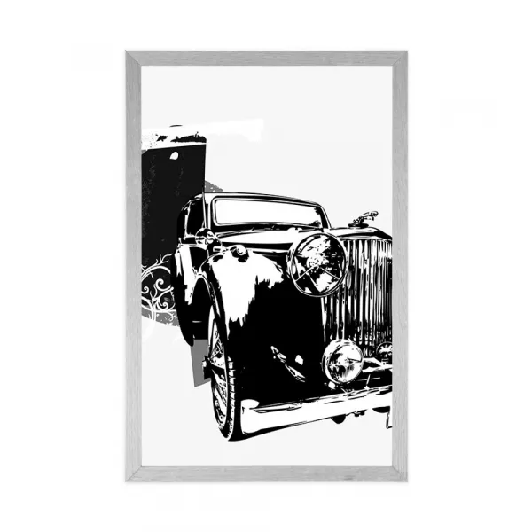 Plagát čiernobiele retro auto s abstrakciou