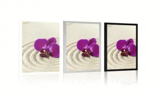 Plagát piesočnatá Zen záhrada s fialovou orchideou