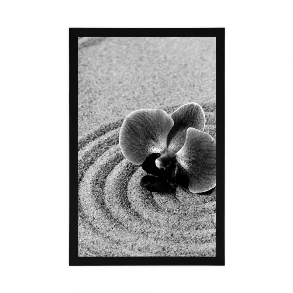 Plagát piesočnatá Zen záhrada s orchideou v čiernobielom prevedení