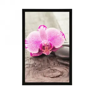 Plagát s paspartou orchidea a Zen kamene na drevenom podklade