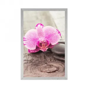 Plagát s paspartou orchidea a Zen kamene na drevenom podklade