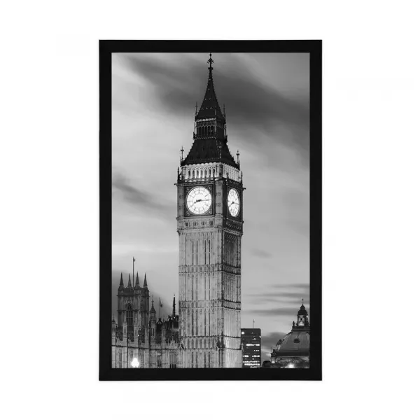 Plagát Big Ben v Londýne v čiernobielom prevedení