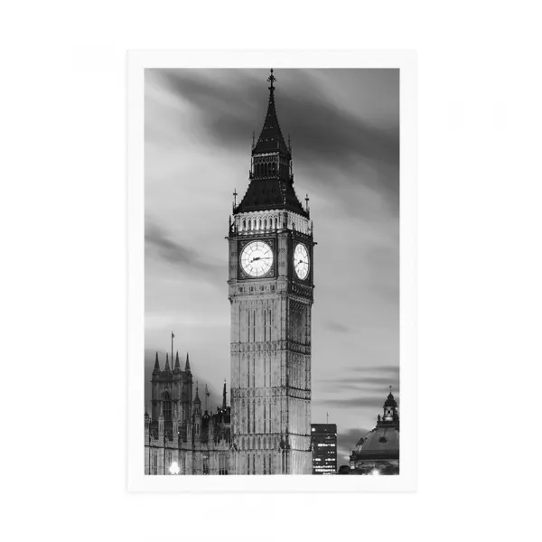 Plagát Big Ben v Londýne v čiernobielom prevedení
