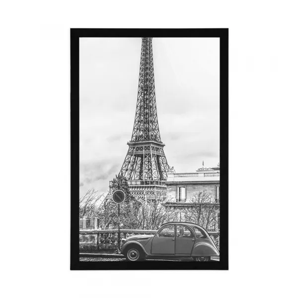 Plagát pohľad na Eiffelovu vežu z ulice Paríža v čiernobielom prevedení