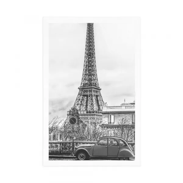Plagát pohľad na Eiffelovu vežu z ulice Paríža v čiernobielom prevedení