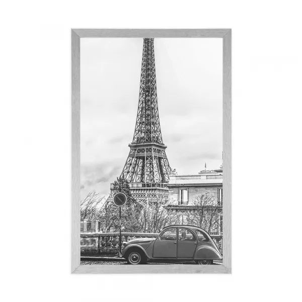 Plagát pohľad na Eiffelovu vežu z ulice Paríža v čiernobielom prevedení