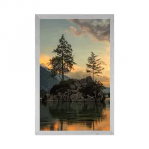 Plagát horská krajina pri jazere