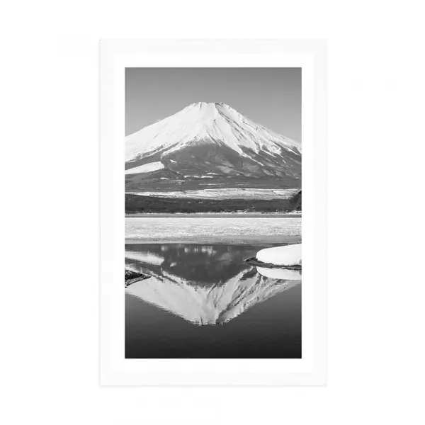 Plagát s paspartou japonská hora Fuji v čiernobielom prevedení