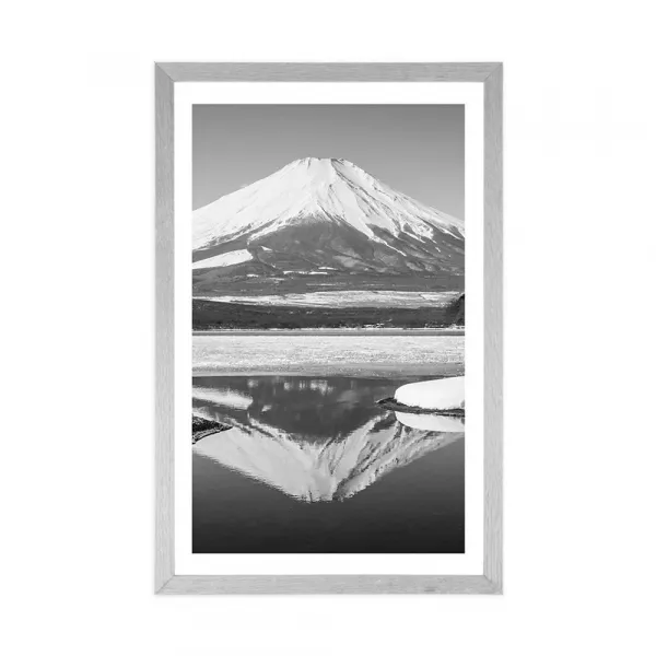 Plagát s paspartou japonská hora Fuji v čiernobielom prevedení
