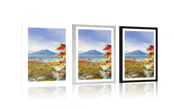 Plagát s paspartou výhľad na Chureito Pagoda a horu Fuji