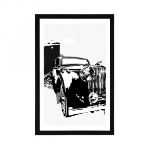 Plagát s paspartou čiernobiele retro auto s abstrakciou