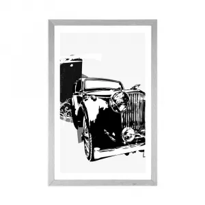 Plagát s paspartou čiernobiele retro auto s abstrakciou