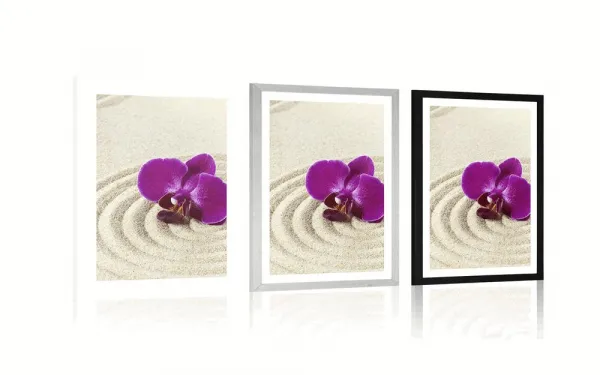 Plagát s paspartou piesočnatá Zen záhrada s fialovou orchideou