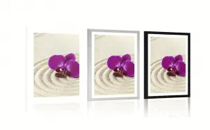 Plagát s paspartou piesočnatá Zen záhrada s fialovou orchideou
