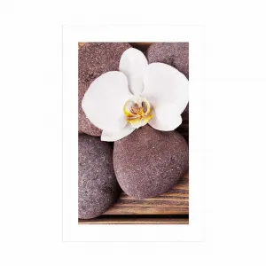 Plagát s paspartou wellness kamene a orchidea na drevenom pozadí