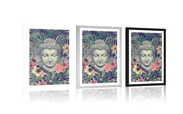 Plagát s paspartou Budha na exotickom pozadí
