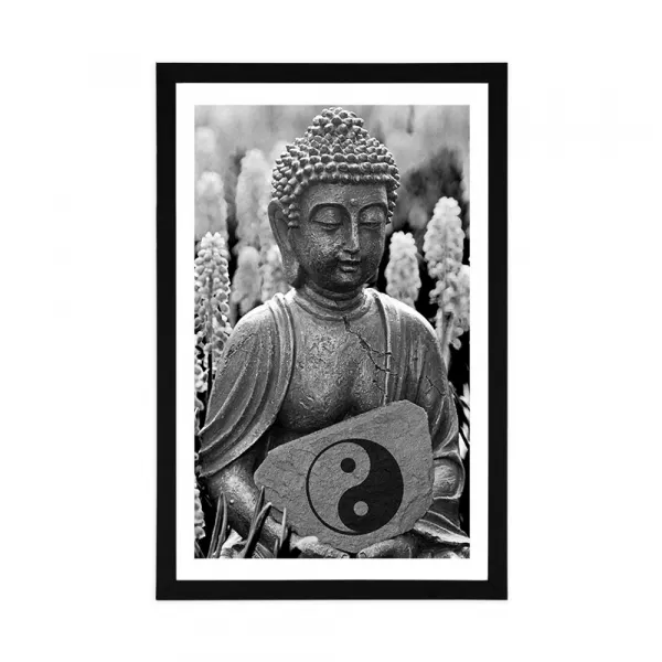 Plagát s papsartou jin a jang Budha v čiernobielom prevedení
