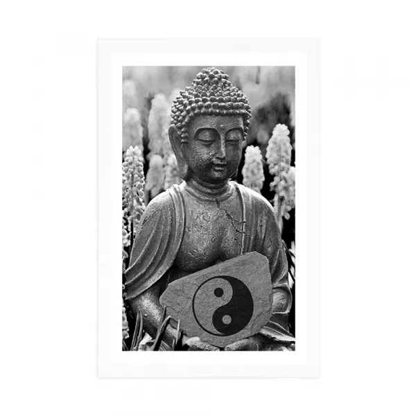 Plagát s papsartou jin a jang Budha v čiernobielom prevedení
