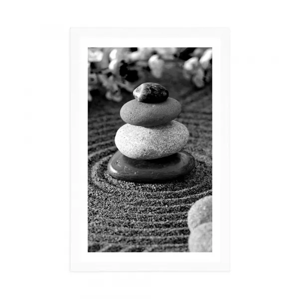 Plagát s paspartou pyramída Zen kameňov v čiernobielom prevedení