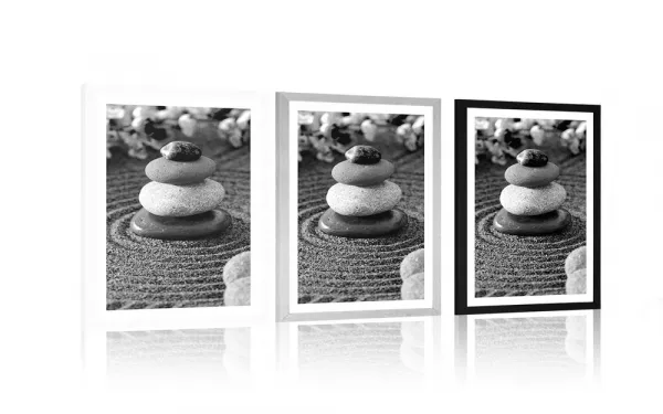 Plagát s paspartou pyramída Zen kameňov v čiernobielom prevedení