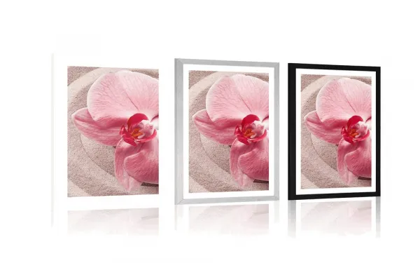 Plagát s paspartou morský piesok a ružová orchidea