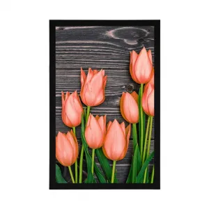 Plagát oranžové tulipány na drevenom podklade