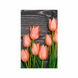 Plagát oranžové tulipány na drevenom podklade
