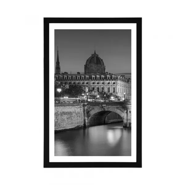 Plagát s paspartou oslňujúca panoráma Paríža v čiernobielom prevedení