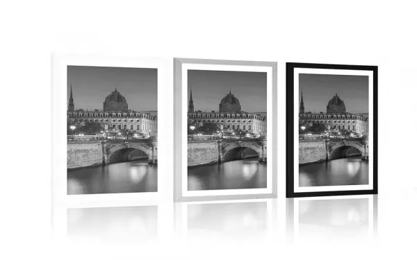 Plagát s paspartou oslňujúca panoráma Paríža v čiernobielom prevedení