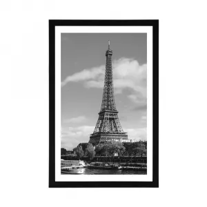 Plagát s paspartou nádherná panoráma Paríža v čiernobielom prevedení