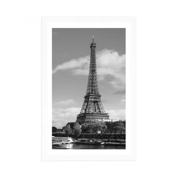 Plagát s paspartou nádherná panoráma Paríža v čiernobielom prevedení