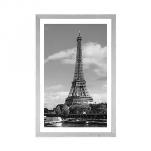 Plagát s paspartou nádherná panoráma Paríža v čiernobielom prevedení