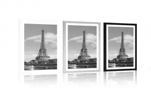 Plagát s paspartou nádherná panoráma Paríža v čiernobielom prevedení