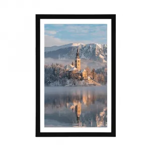 Plagát s paspartou kostol pri jazere Bled v Slovinsku