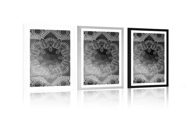 Plagát s paspartou čiernobiela Mandala