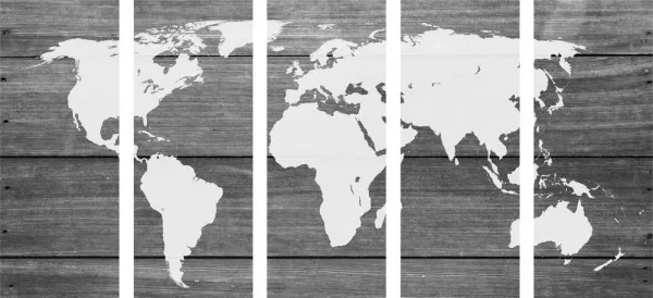 5-dielny obraz čiernobiela mapa sveta s dreveným pozadím