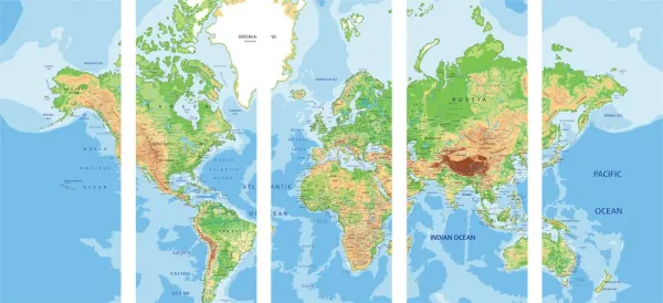 5-dielny obraz klasická mapa sveta