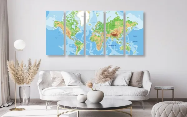 5-dielny obraz klasická mapa sveta