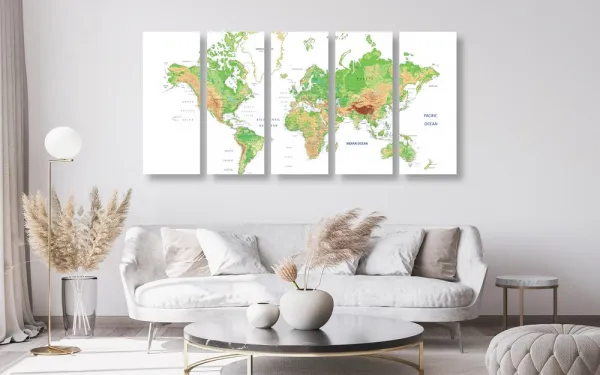 5-dielny obraz klasická mapa sveta s bielym pozadím