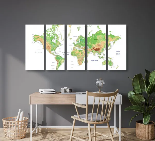 5-dielny obraz klasická mapa sveta s bielym pozadím